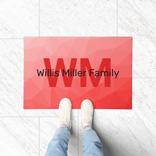 赤いグラデーションのジオメトリメッシュパターンモノグラム ドアマット (室内)