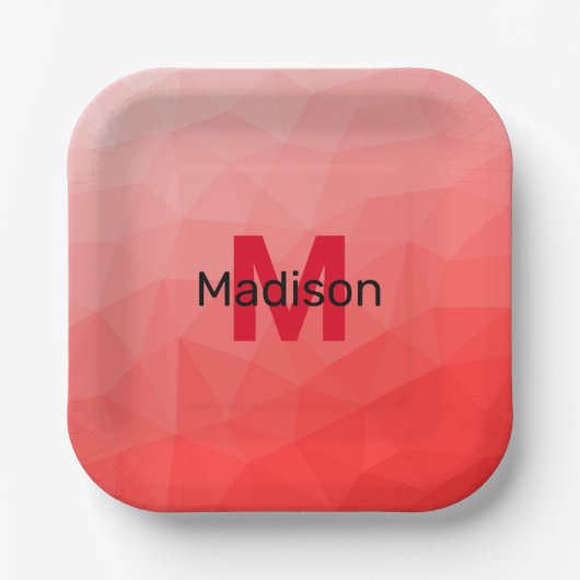 赤いグラデーションのジオメトリメッシュパターンモノグラム ペーパープレート (正面)