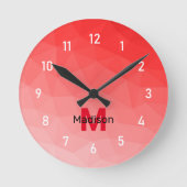 赤いグラデーションのジオメトリメッシュパターンモノグラム ラウンド壁時計 (正面)