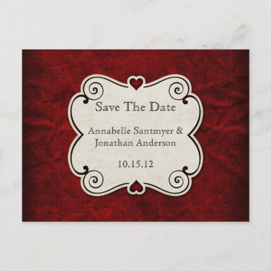 赤いグランジ紙赤いハートフレーム日付の保存 案内ポストカード (正面)