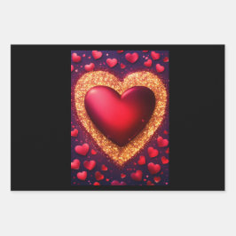 赤いグリッターとハート ラッピングペーパーシート