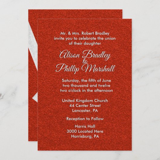 赤いグリッターとボウ結婚式招待状5"x 7" 招待状 (正面/裏面)