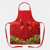 赤いグリッターと弓とクリスマスオーナメント エプロン (正面)