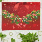 赤いグリッターと弓とクリスマスオーナメント キッチンタオル (折り畳み)
