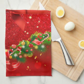 赤いグリッターと弓とクリスマスオーナメント キッチンタオル (四つ折り)