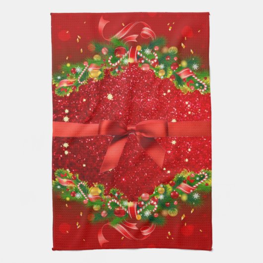 赤いグリッターと弓とクリスマスオーナメント キッチンタオル (縦)
