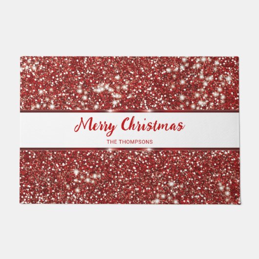赤いグリッターのテクスチャーフェイクルメリークリスマス ドアマット (正面)