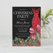 赤いグリッターのドレスを使ったクリスマスパーティーのお祭り 招待状 (スタンド正面)