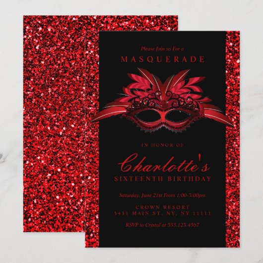 赤いグリッターのマスカレードパーティー招待状 招待状 (正面/裏面)