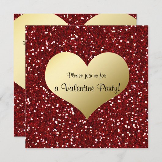 赤いグリッターの一見の金ゴールドのハートのバレンタインの招待状 招待状 (正面/裏面)