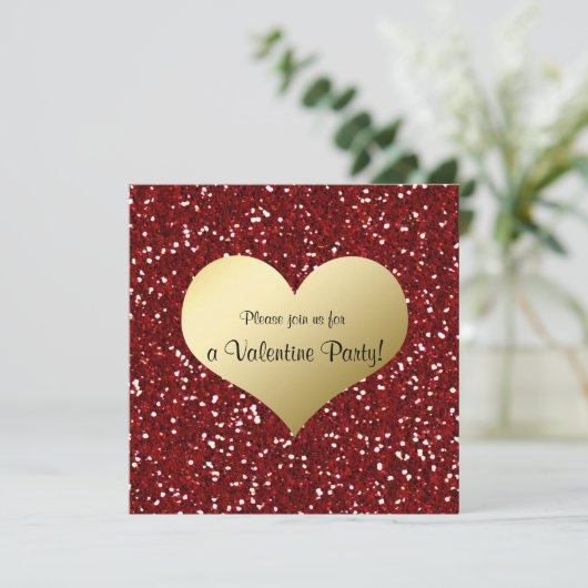 赤いグリッターの一見の金ゴールドのハートのバレンタインの招待状 招待状 (スタンド正面)