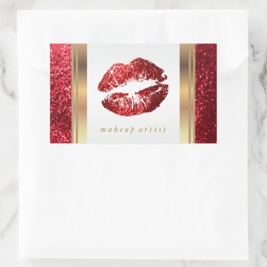 赤いグリッターの唇とエレガント金ゴールドアクセント2 長方形シール (バッグ)