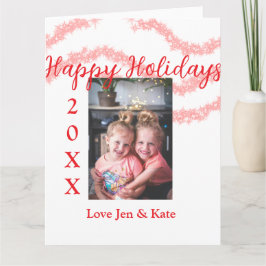 赤いグリッターの子供家族写真ハッピーホリデー名 カード