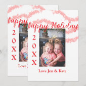 赤いグリッターの子供家族写真ハッピーホリデー名 招待状 (正面/裏面)