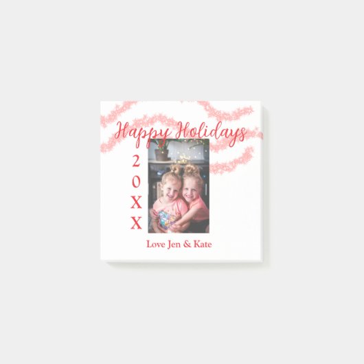 赤いグリッターの子供家族写真 ハッピー ホリデー ネーム ポストイット (正面)