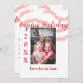 赤いグリッターの子供家族写真 ハッピー ホリデー ネーム 招待状 (正面/裏面)