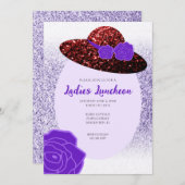 赤いグリッターの帽子 紫のラベンダー 女性のランチョン 招待状 (正面/裏面)