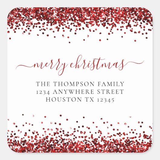 赤いグリッターの戻り名住所メリークリスマス スクエアシール (正面)