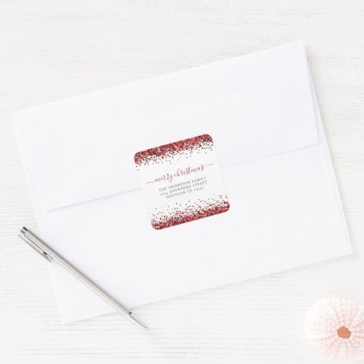 赤いグリッターの戻り名住所メリークリスマス スクエアシール (封筒)