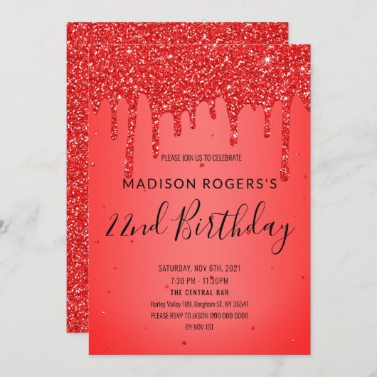 赤いグリッターの液体の輝きの招待状 招待状 (正面/裏面)