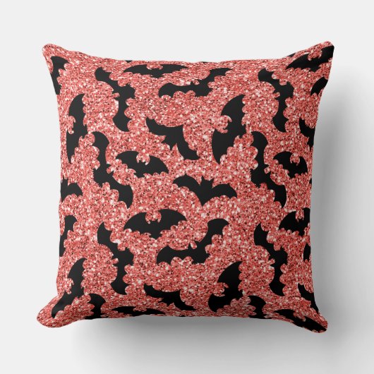 赤いグリッターの黒いこうもり クッション (正面)