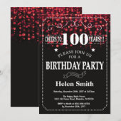赤いグリッターの100th誕生日の招待状 招待状 (正面/裏面)