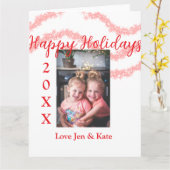 赤いグリッターキッズファミリー写真ハッピーホリデー名 カード (黄色い花)