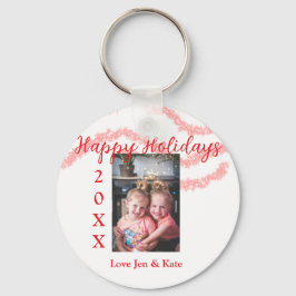 赤いグリッターキッズファミリー写真ハッピーホリデー名 キーホルダー