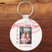 赤いグリッターキッズファミリー写真ハッピーホリデー名 キーホルダー (裏面)