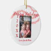 赤いグリッターキッズファミリー写真ハッピーホリデー名 セラミックオーナメント (右)