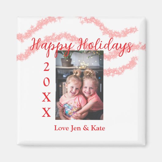 赤いグリッターキッズファミリー写真ハッピーホリデー名 マグネット (正面)