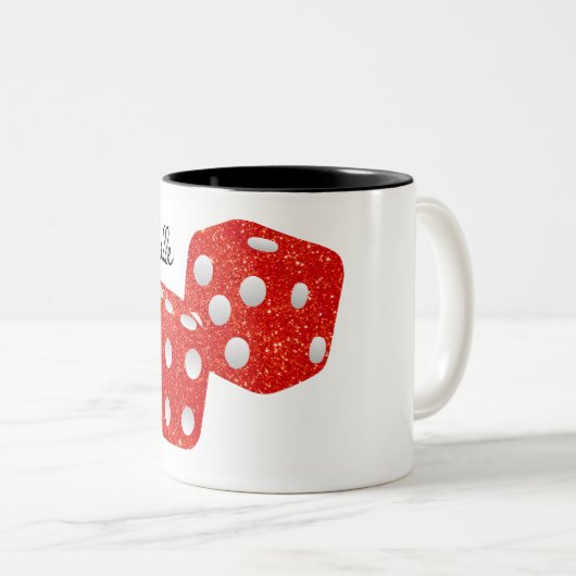赤いグリッターサイコロパーソナライズされた名 ツートーンマグカップ (正面右)