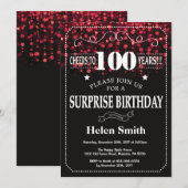 赤いグリッターサプライズ100歳の誕生日招待状 招待状 (正面/裏面)