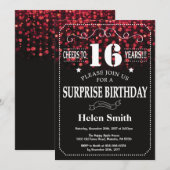 赤いグリッターサプライズ 16歳の誕生日招待状 招待状 (正面/裏面)