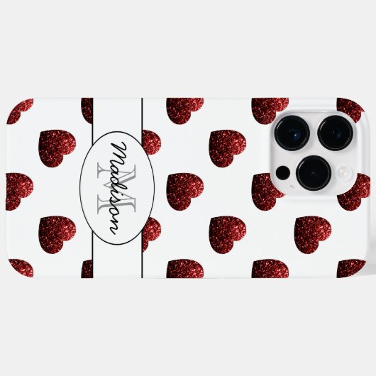 赤いグリッタースパークルハートパターンモノグラムホワイト Case-Mate iPhoneケース (裏面 (横))