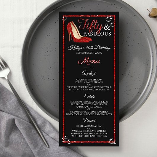赤いグリッターハイヒール |フィフティ&ファブラス誕生日 メニュー