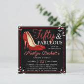 赤いグリッターハイヒール |フィフティ&ファブラス誕生日 招待状 (スタンド正面)