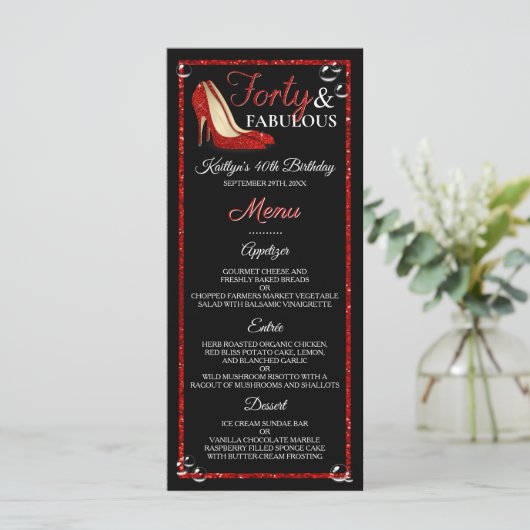 赤いグリッターハイヒール |フォーティ&ファブラス誕生日 メニュー (スタンド正面)