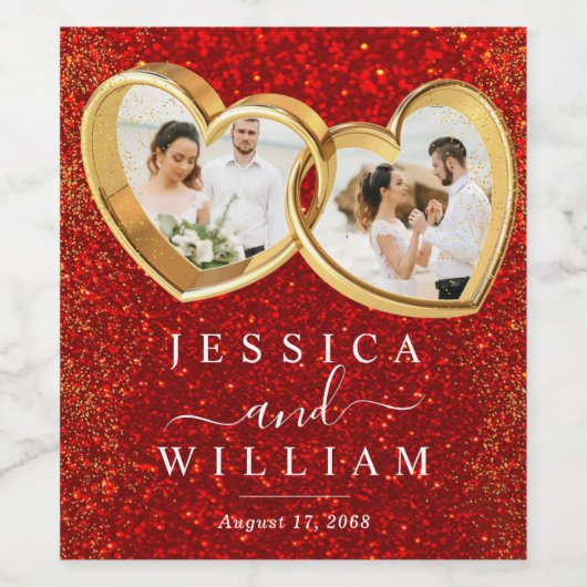 赤いグリッターハートフォトカスタムウェディング ワインラベル (シングルラベル)