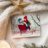 赤いグリッター手書きメリー写真と明るい ポストカード