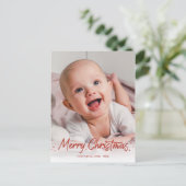 赤いグリッター手書き写真メリークリスマス ポストカード (スタンド正面)