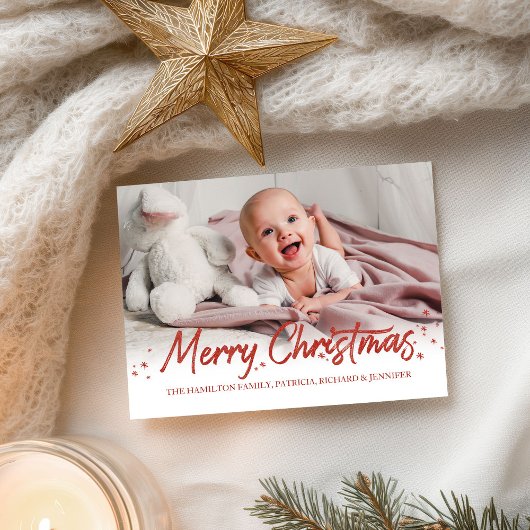 赤いグリッター手書き写真メリークリスマス ポストカード