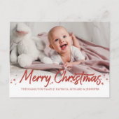 赤いグリッター手書き写真メリークリスマス ポストカード (正面)