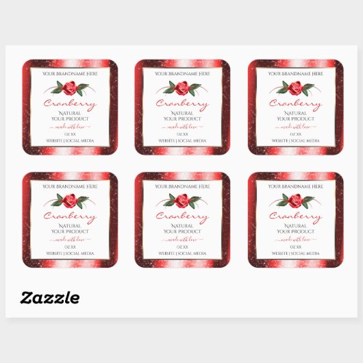 赤いグリッター星ホワイトプロダクトラベルバラ花 スクエアシール (シート)