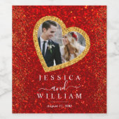 赤いグリッター金ゴールドハートカスタムウェディングフォト ワインラベル (シングルラベル)