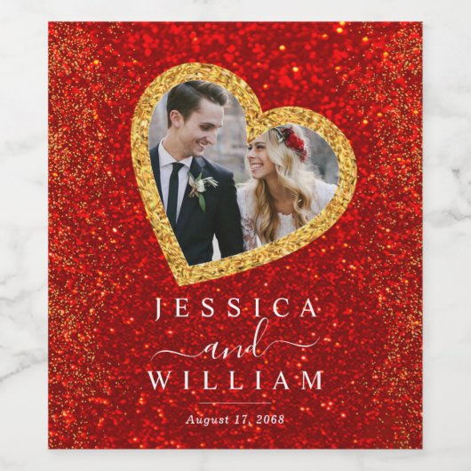 赤いグリッター金ゴールドハートカスタムウェディングフォト ワインラベル (シングルラベル)