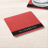赤いグリッター、グリッターの背景、名前 スクエアペーパーコースター (アングル)