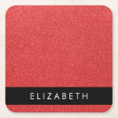 赤いグリッター、グリッターの背景、名前 スクエアペーパーコースター (正面)