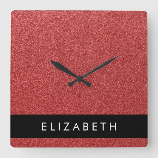 赤いグリッター、グリッターの背景、名前 スクエア壁時計 (正面)