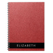 赤いグリッター、グリッターの背景、名前 ノートブック (正面)